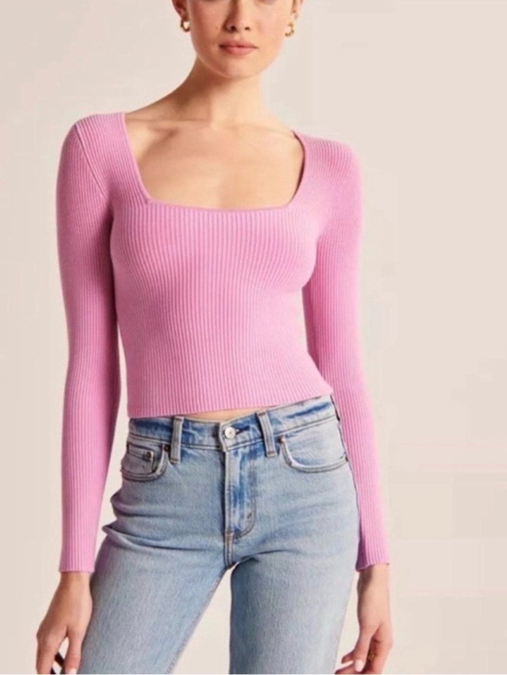 Abercrombie & Fitch Ottoman Ribbed Square Neck Long Sleeve in Pink